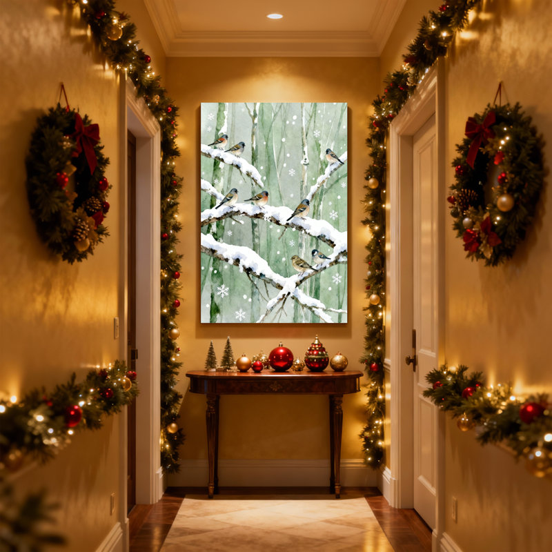 Christmas Winter Birds On Snowy Branches Set of 3 Canvas Wall Art Prints, 30" H x 20" W