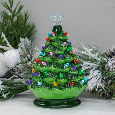 Imports Vintage Green Lighted Ceramic Christmas Tree With Timer 8 Inch