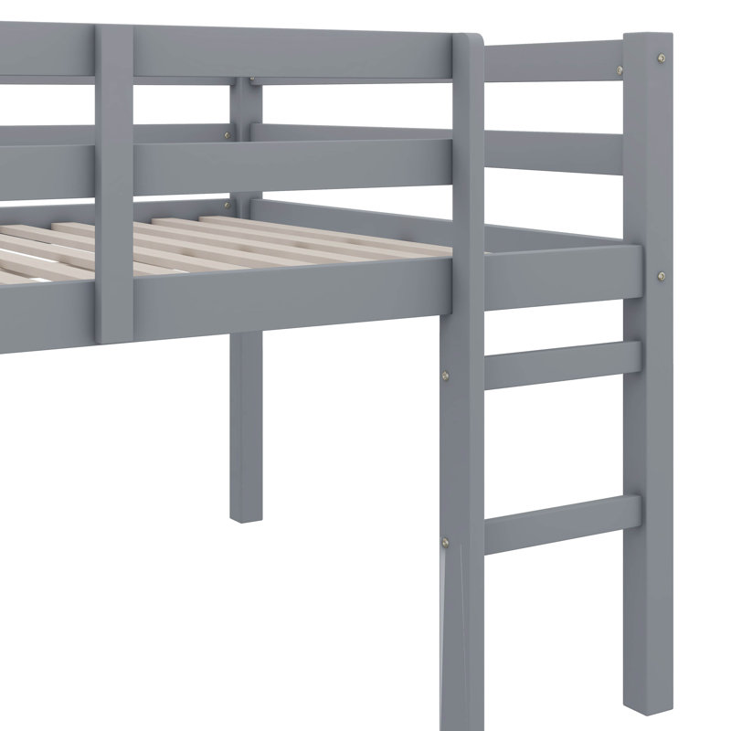 Full Size Bed Frame Compact Rubberwood Loft Bed With Steps, Gray