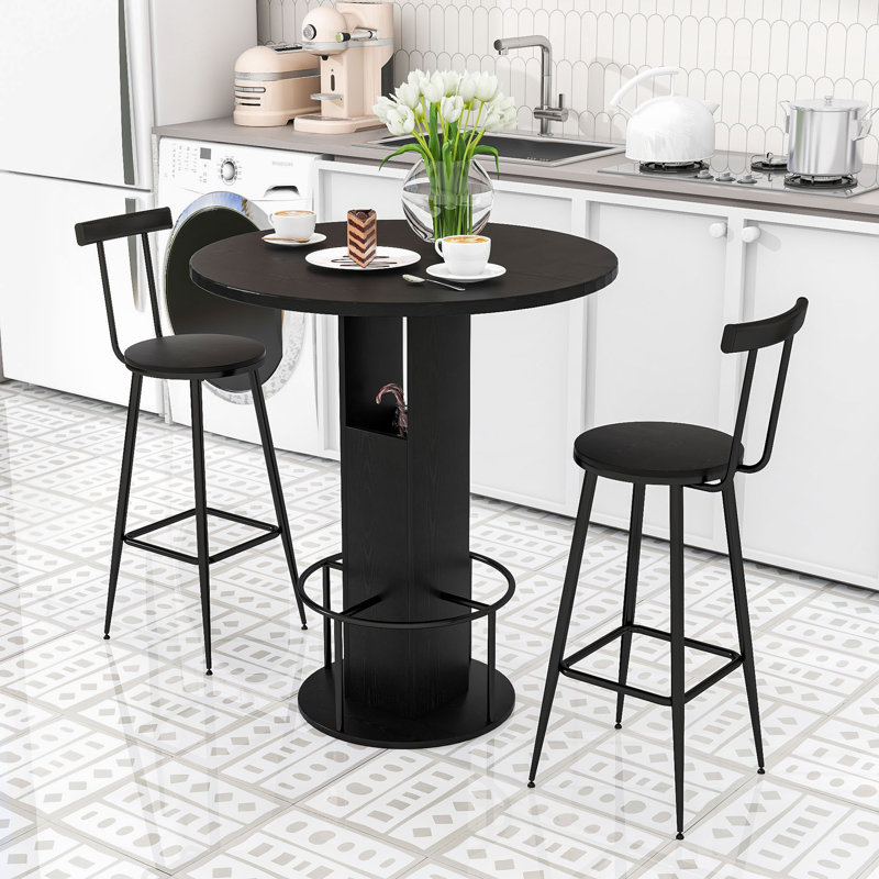 Ensemble de table de salle à manger 3 pièces avec table de bar et tabourets, Noir, Noir, Noir