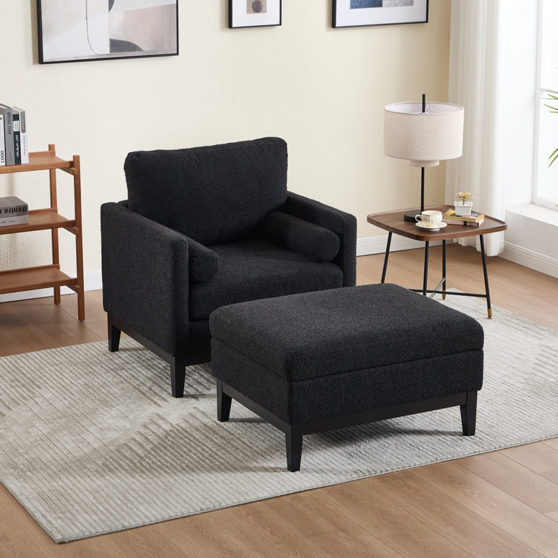 Fauteuil d'appoint large rembourré avec repose-pieds et coussins de rangement, Bouclé noir, Noir