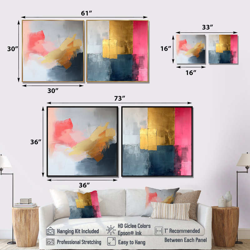 Motif géométrique géométrique doré rose et gris pur V - art mural géométrique - décoration murale moderne 2 pièces