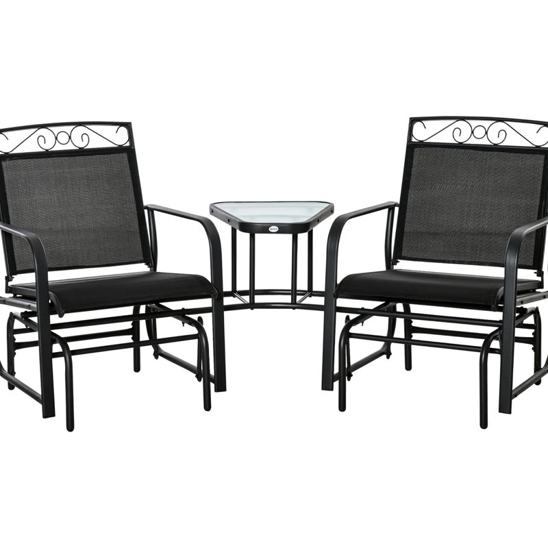 Balancelle pour l'extérieur avec 2 chaises berçantes et table basse. Fauteuils coulissants pour cour, jardin, porche. Noir Polypropylène respirant, acier. 78 po L x 34,05 po l 36,22 po H. Siège 21 po 19,5 po P 264 lb.
