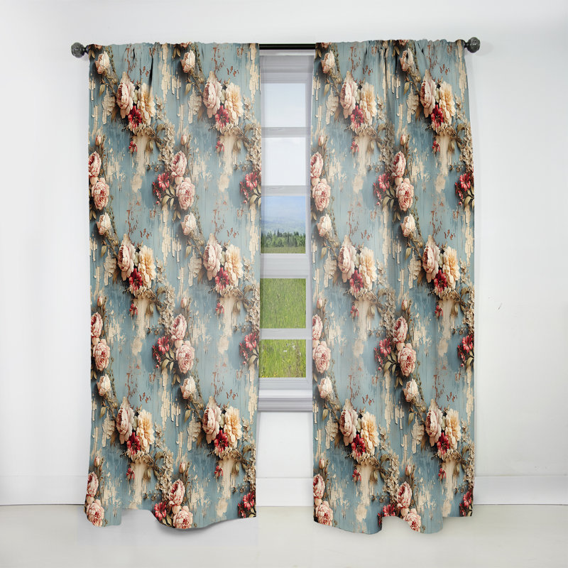 Pink Romantic Peony Vines Charm I - Vintage Curtain - Velvet Room Darkening - 1 panel, 52" W x 95" L
