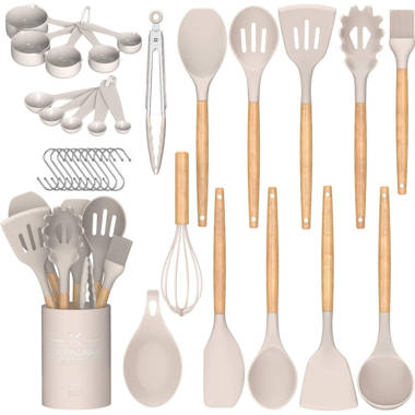 13pcs Kitchenware Silicone & Wood Utensil Set - White - EcoBargains