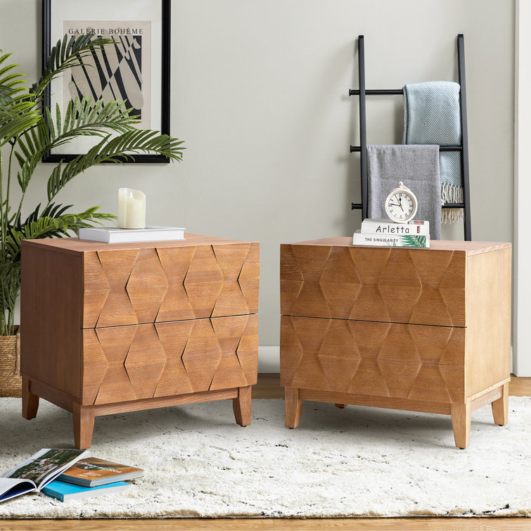 Sara Midcentury Modern 2 - Drawer Nightstand with Built-In Outlet and Solid Wood Legs (Set of 2)