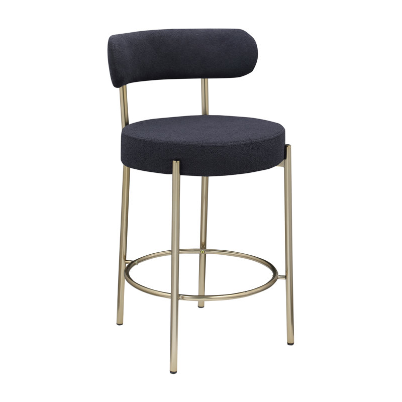 Woker Modern Sherpa Counter Height Stools Set of 2, Uphsoltered 26" Seat Height Barstools with Brushed Brass Metal Legs Round Low Back Kitchen Stools with Footrest for Dining Room,