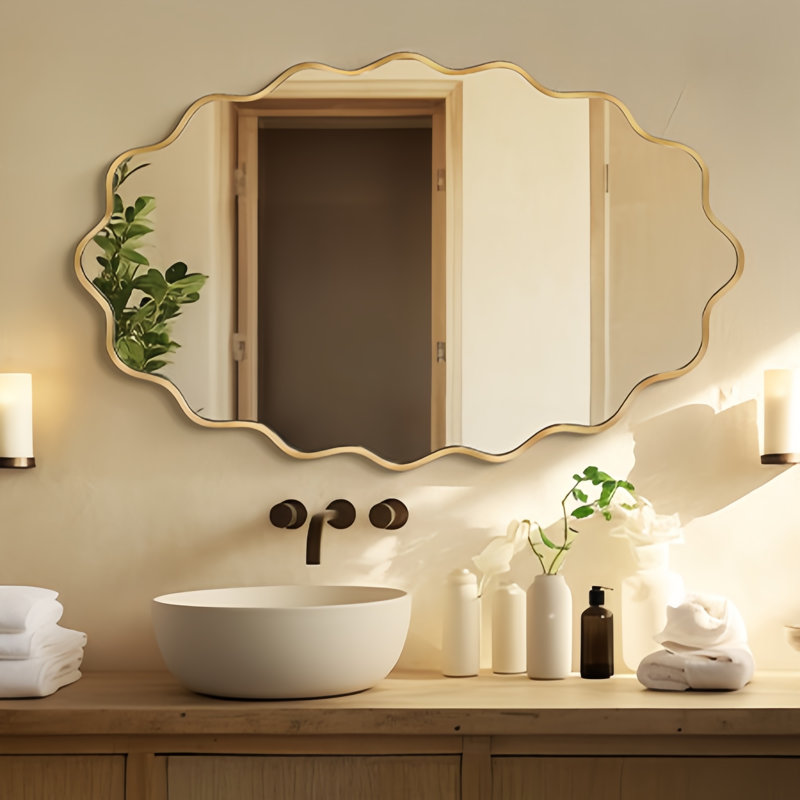 Metal Wavy Mirror, 91.44 cm H x 60.96 cm W, Gold