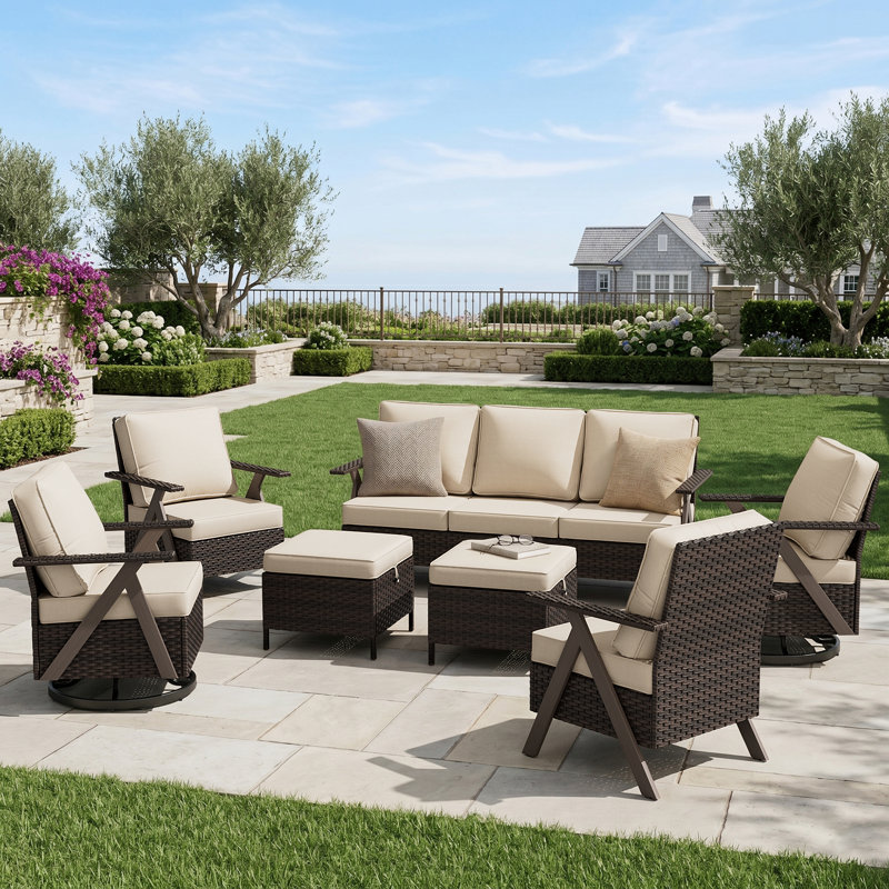 Ensemble de 6 pièces de patio en osier de patio avec canapés, 2 chaises pivotantes, 2 repose-pieds et coussin beige, Beige