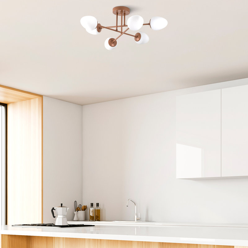 Modern Copper Chandelier, 31.9 x 31.9 x 12.6 inches | Metal Body & Base Plate, Glass Cap | 6 x E14 Sockets (Max 15W) | Elegant Scandinavian Design for Living Room, Dining Room, & Entryway | Bulb Not Included