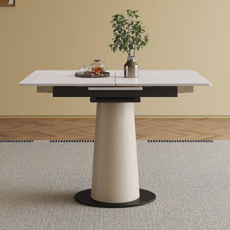 Retractable Rock Slab Folding Dining Table, Modern Square Expandable Table With Leather-Wrapped Stainless Steel Base, Dual-Purpose Space Saving Kitchen Table For Small Apartments