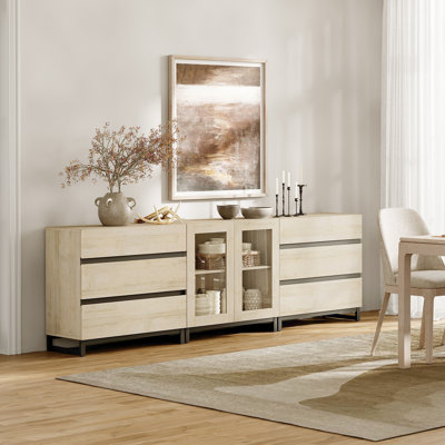 Buffet 3 en 1 multifonctionnel avec portes en verre et 12 tiroirs, crédence moderne avec tablette réglable et base en métal, armoire à café pour le salon, la cuisine