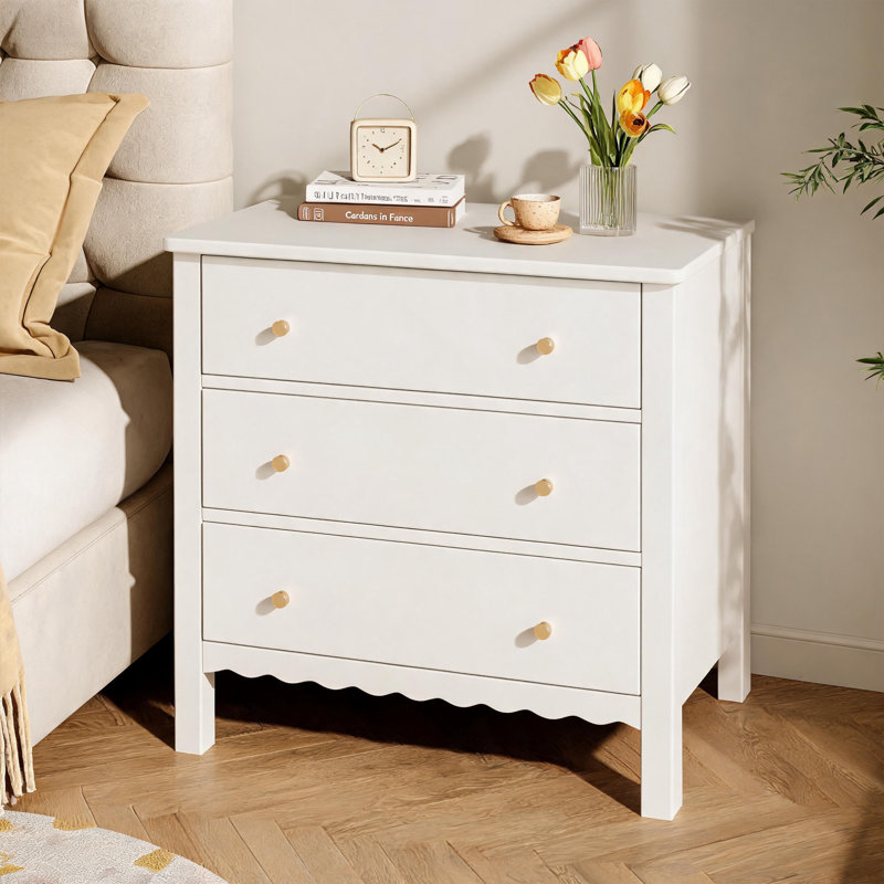 Commode blanche à 3 tiroirs avec boutons dorés, commode à tiroirs festonnée pour chambre d'enfant