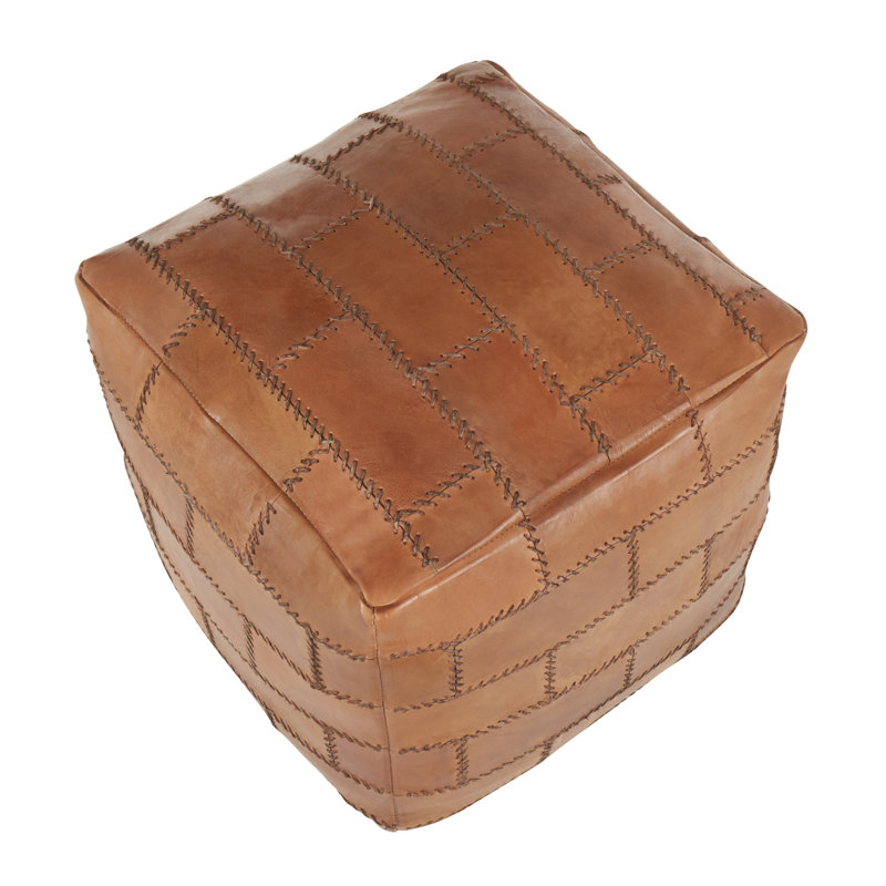 Pouf carré en patchwork en cuir brun avec rembourrage en coton recyclé