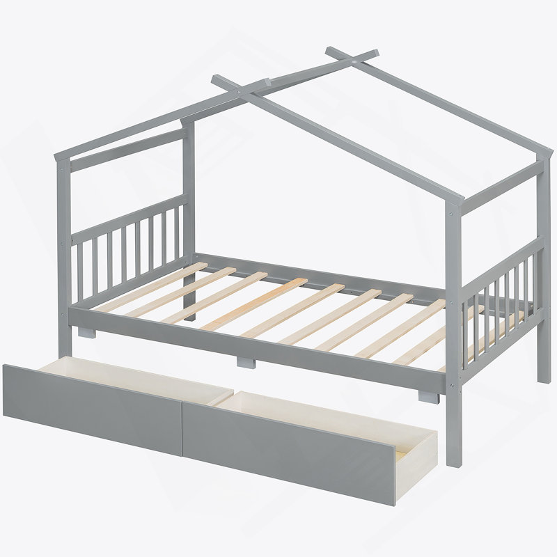 Lit en bois avec tiroirs, Gris, Lit simple