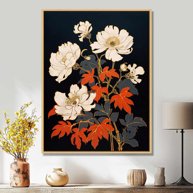 Illustration rétro de pivoines blanches - pivoines, Cadre flottant blanc, bois massif, H 20 po x l 12 po