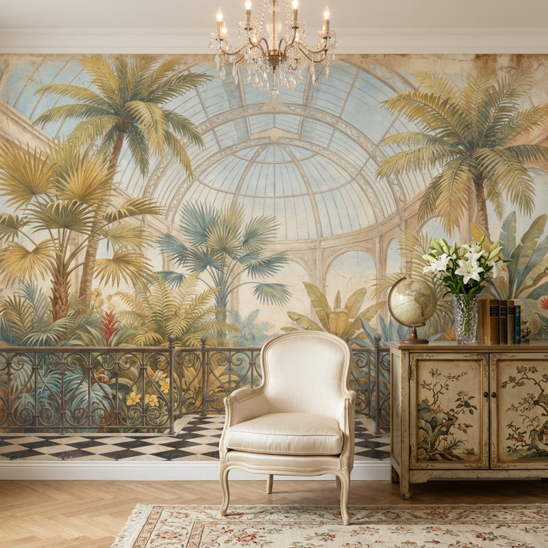 Décoration murale serre tropicale avec palmiers en verre amovible, 120 po x 96 po, Textured Non-Pasted