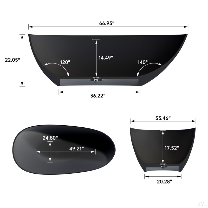 Baignoire profonde 67 ", Noir mat