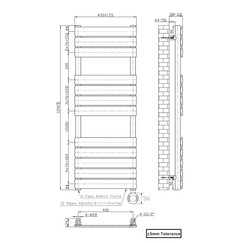 Flat Panel Towel Rail Heated Towel Rails, 120cm H x 45cm W x 6.2cm D, Black