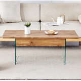 43.3-inch coffee table with height-adjustment function (with storage space) combines rustic style with tempered glass, space-saving design, multiple color options, suitable for living room and office, Natural Wood
