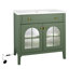 Meuble-lavabo de 35,6 po de style médiéval avec verre, éclairage à détecteur de mouvement et construction imperméable, éclairage, lavabo intégré pour rangement rangé-130057953