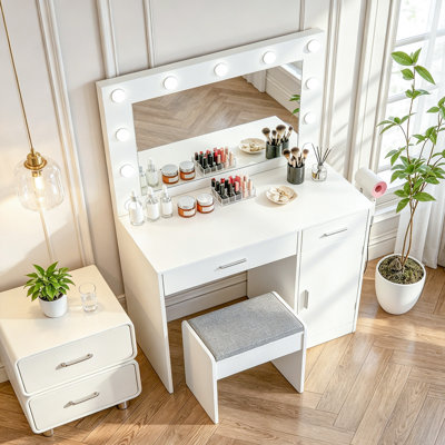 Vanity Desk with Mirror, Large Drawer, and Power Socket, 11 Light Bulbs, 3 Adjustable Lighting Modes for Bedroom