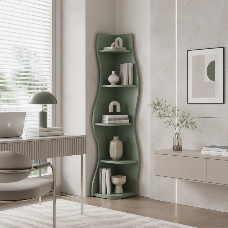 Étagère d'angle à 5 niveaux en forme de S, présentoir courbé autoportant moderne, bibliothèque peu encombrante et support pour plante pour la maison