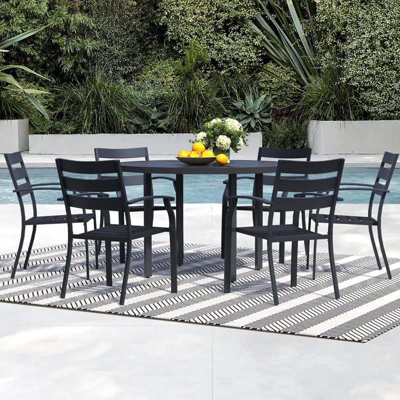 7 Pieces Outdoor Dining Set For 6, 47" Black Metal Round Outdoor Dining Table And 6 Black Metal Stackable Patio Chairs With Arm, Patio Table And Chairs Set For Lawn Garden Backyard