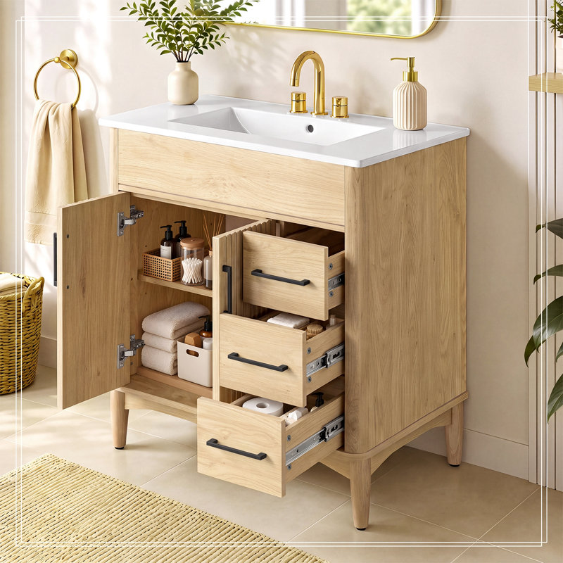 Meuble-lavabo avec lavabo, 2 portes, 3 tiroirs et tablette ajustable