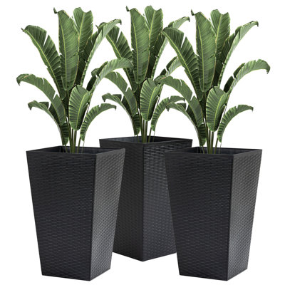 Outsunny Set Of 3 Tall Planters With Drainage Hole, Outdoor Flower Pots, Indoor Planters For Porch, Front Door, Entryway, Patio And Deck, Black