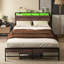 Queen Size Platform Bed Frame, Headboard With Advanced Led Lights, Charging Station & 3 Shelf, Steel Slats, Effortless Setup, Walnut Lights Space Optimization, Simple