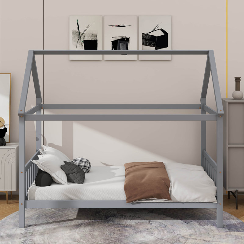 Lit simple pour enfant en forme de maison, Gris clair
