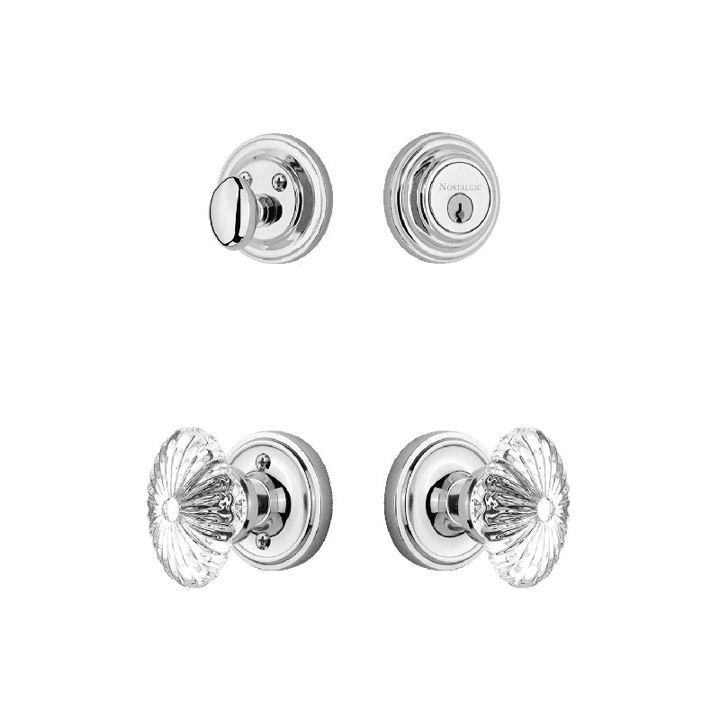 Nostalgic Warehouse Classic Rosette Entry Set with Oval Fluted Crystal, 2.375, Bright Chrome