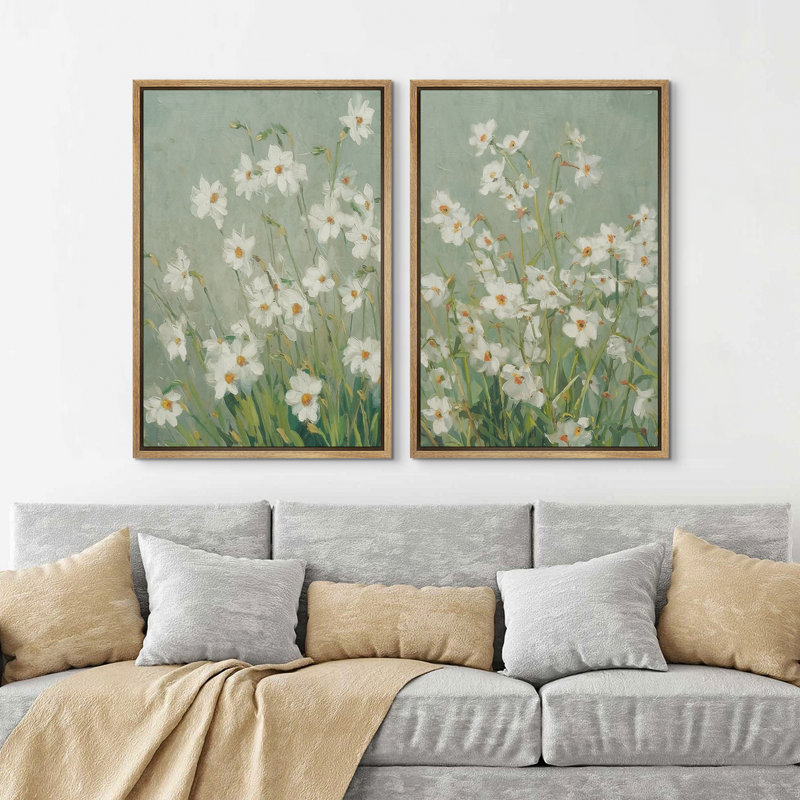 Soft White Floral Meadow in Green Tones Wall Art Decor Framed On Canvas 2 Pieces Print, 36" H x 24" W, Naturel