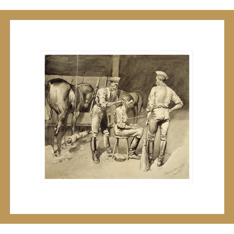 «A Haircut in a Cavalry Stable» par Frederic Remington, impression giclée sur cadre, H 13,75 po x l 15,07 po