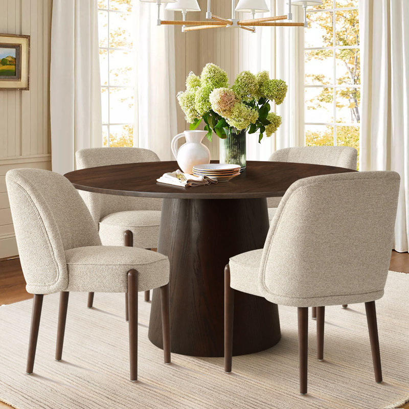 4 - Person Dining Table Sets With 52'' Solid Wood Round Table & 4 Upholstered Linen Chairs, Beige