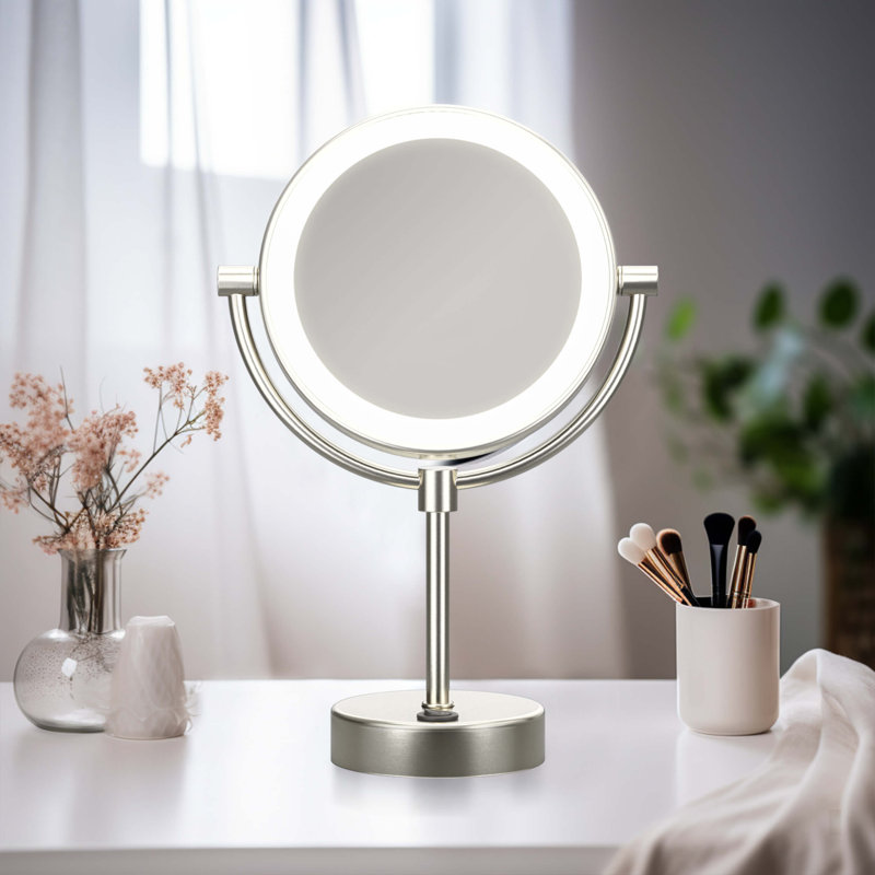 Circular LED Free Standing Magnifying Make Up Mirror, Brushed Nickel