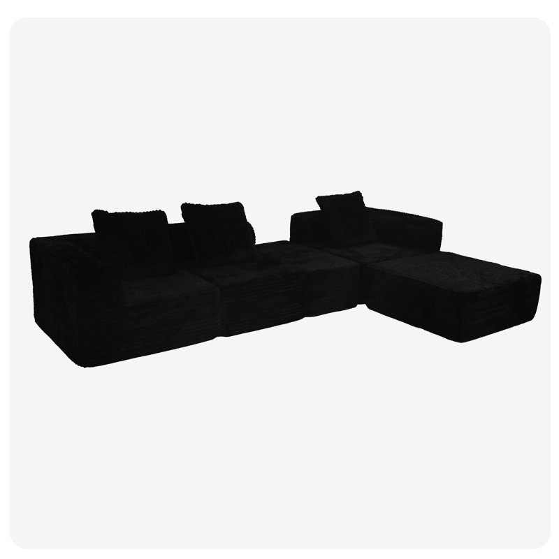 Black 4 - Seat Modular Sectional With Oversized Chaise And For Living Room, Medium Firm Seat, American Design, Foam Filler, Main Material, Stain , Machine Washable Soft, Shrink To Pilling Brushed