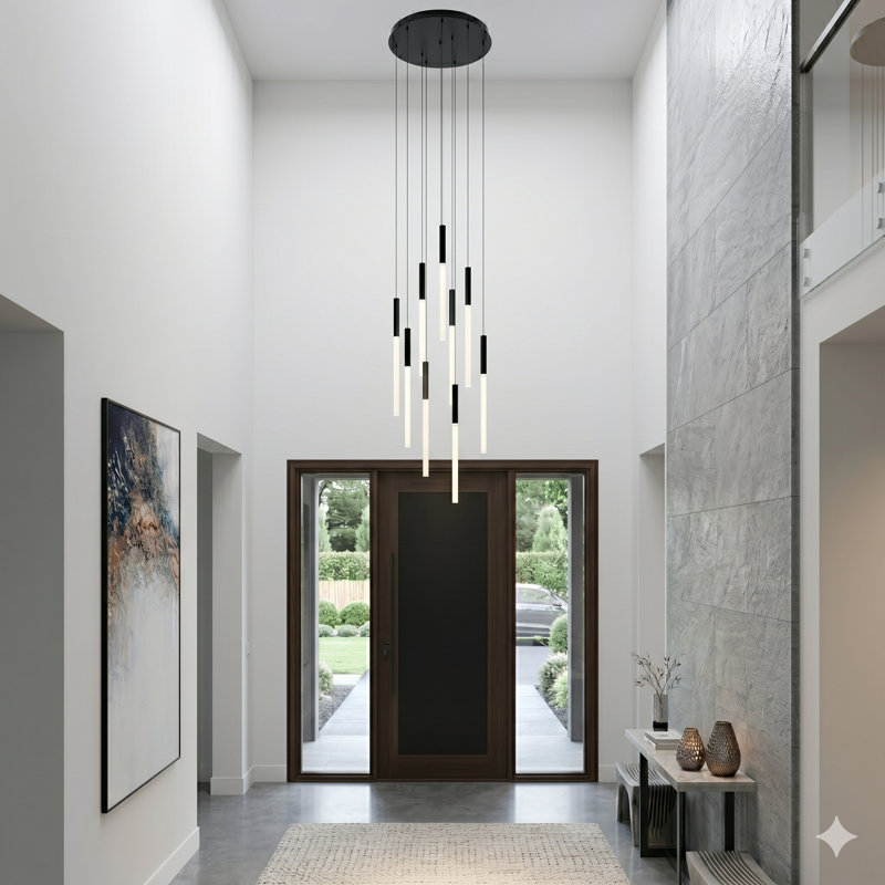 Luminaire suspendu cylindrique à 9 lumières DEL Baileyton, Noir et blanc