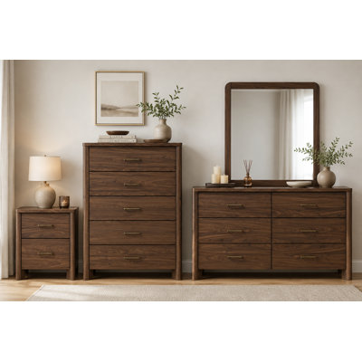 Modern Walnut 4-Piece Bedroom Furniture Set - Dresser, Chest, Nightstand With USB, Mirror, Solid Wood Frame, Gold Handles