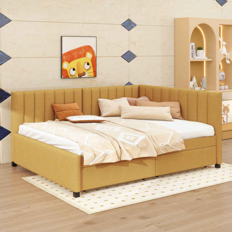 A Full-Sized Upholstered Daybed With Two Built-In Storage Drawers, Yellow
