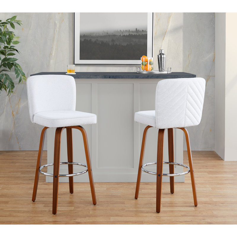 Tabourets de bar à hauteur fixe Huxley de 30 po avec pieds en bois courbé et repose-pieds rond, Polyester beige