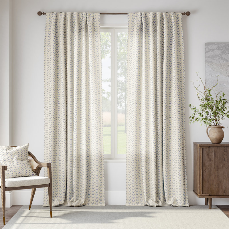 Printed Linen Farmhouse Boho Rod Pocket Curtains, 50" W x 96" L, Blue
