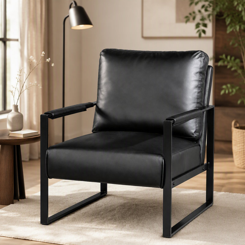 Chaise d'appoint classique de style Mid-Century moderne avec structure carrée en métal durable, fauteuil pour le salon, la chambre à coucher, le bureau personnel en revêtement de microfibre tacheté, cuir PU noir