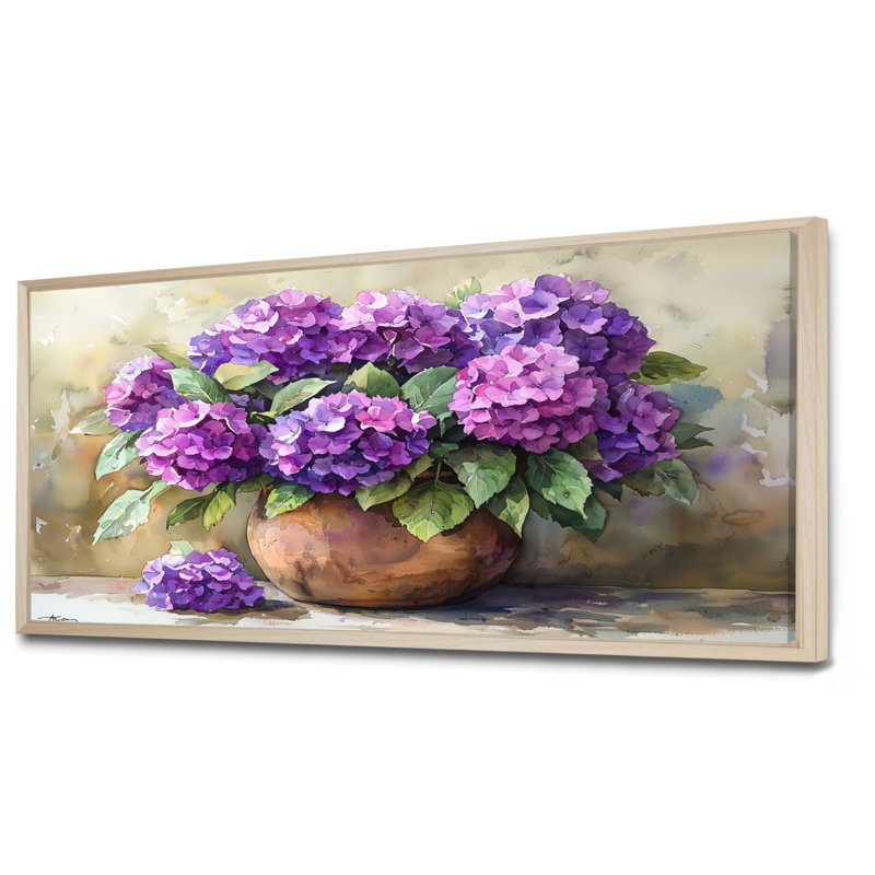 Hydrangées dans un vase rustique - hydrangées, art sur toile, H 28 po x l 60 po, Cadre flottant, Naturel