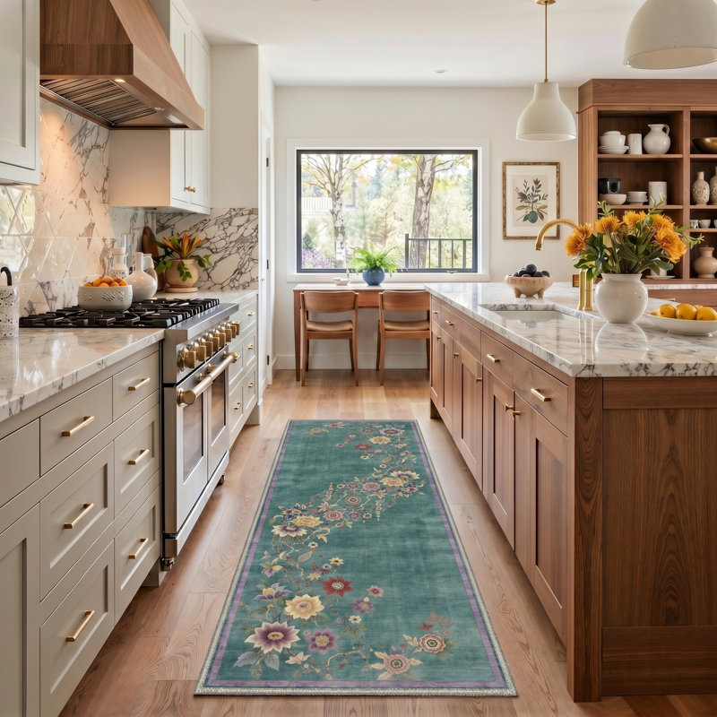 Valencia Vintage Floral Machine Washable Green Indoor Area Rug with Non-Slip Backing, Runner 2'6" x 8'