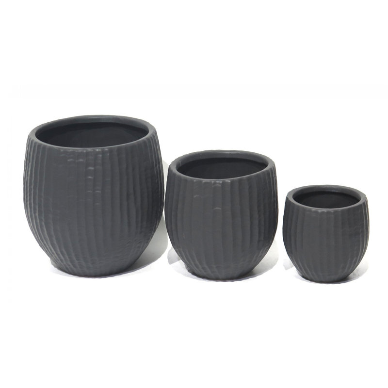 Ensemble de 3 jardinières rondes noires avec lignes