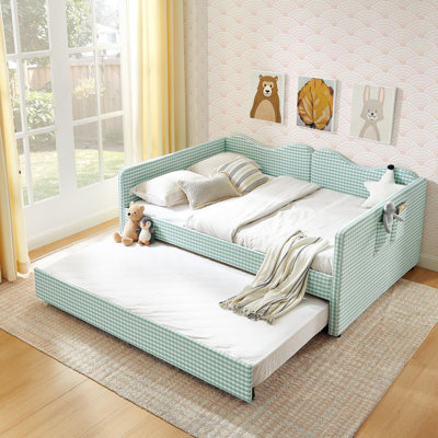 Lit de jour double, lit de jour rembourré en vichy équipé d'une base de lit gigogne escamotable et d'une pochette de rangement latérale, canapé-lit multifonctionnel en bois massif pour chambre d'enfant et chambre d'amis - Cyan