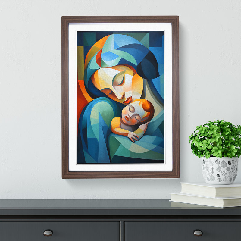 Mother And Baby Cubism No.3 - Single Picture Frame Print on Wood, 64cm H x 46cm W x 2cm D, Walnut Framed