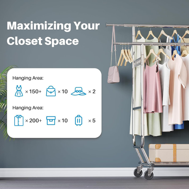  680 lbs Heavy Duty Clothing Garment Rack with Shelves Commercial Grade Clothing Racks on Wheels Rolling Double Clothes Rack Portable Collapsible Adjustable